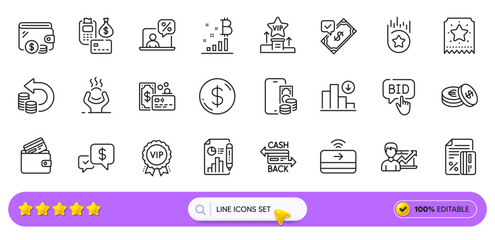 Vip award, Savings and Difficult stress line icons for web app. Pack of Loyalty star, Decreasing graph, Accepted payment pictogram icons. Vip podium, Bid offer, Phone pay signs. Payment. Vector