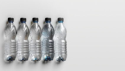 Set of four plastic water bottles with black lids on a light background. Drinking balance. Ecology. Place for text. Horizontal.