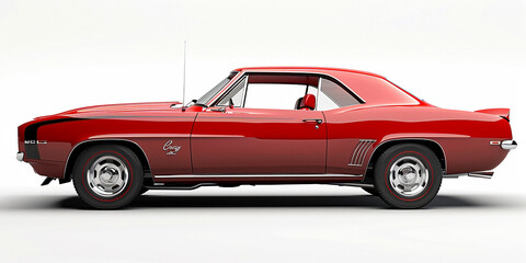 Side view of red american muscle car in white background