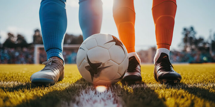 Close-up of soccer players' legs and feet in branded cleats, poised to start the match with a football on the pitch, highlighting the energy and anticipation of the game