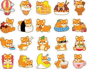 
Cute puppy kawaii dog lovely animal vector icon. Fluffy Shiba Inu pet stickers. Happy doggy activities illustrations.