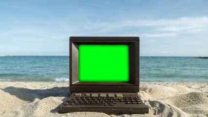 computer with green screen - 801249872