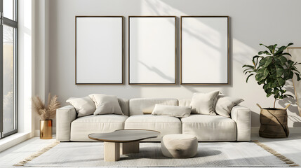 Large white couch and three blank frames for wall art mock up in living room. Modern living room.