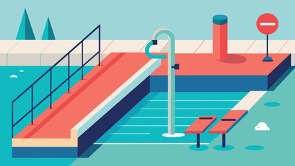 A public swimming pool with designated times for individuals with physical disabilities to use the facility and an accessible ramp for entry.. Vector illustration