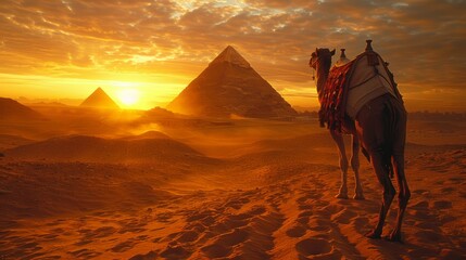 Iconic Pyramids of Giza with Camels Resting in Cairo's Landscape