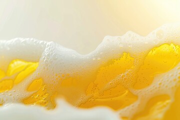 Close up of liquid ingredient with foam on top in glass