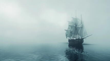 Sailing ship in sea water in heavy fog.