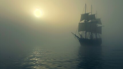 Fototapeta premium Sailing ship in sea water in heavy fog.