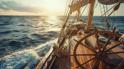 Deck view with ship wheel from a sailing ship with beautiful seascape at sunset.