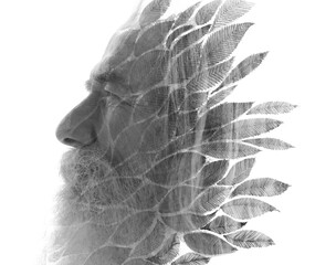An old man's profile blends with a leafy pattern. A paintography
