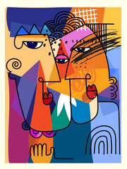 Group of colorful abstract face portrait cubism, decorative, doodle, line art hand drawn vector illustration wall art.