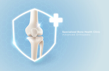 Specialized clinic for bone and knee health or care. Symbol of medical services It has a shield and plus symbol consisting of a straight leg bone on a background.  vector illustration file template.