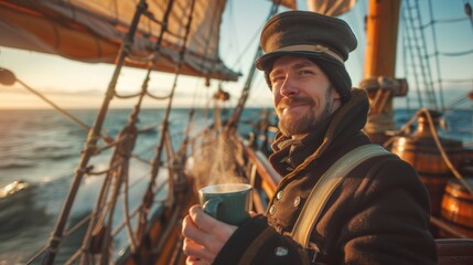Portrait of medieval ship crew of a vintage sail ship in sea.
