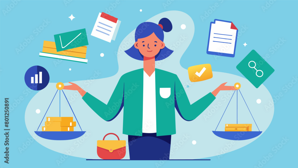 Poster a person surrounded by bills and invoices deciding which ones to pay first while trying to balance t