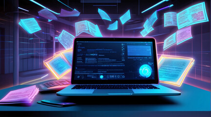 Illustration of digital files and laptop on neon background. Working with documents online, digitalization and data storage concept - obrazy, fototapety, plakaty
