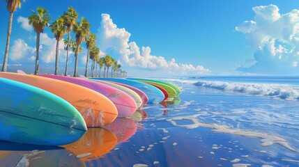 Vibrant lineup of colorful surfboards against a backdrop of palm trees capturing the lively spirit of a beach day