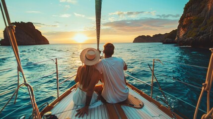 Fototapeta premium A lovely couple on deck of yacht enjoy sunset in sea.