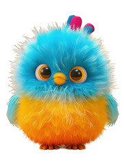 A charming and vibrant illustration of a whimsical fluffy chick with an eye-catching gradient of blue to orange feathers, transparent PNG background - AI Generated Digital Art