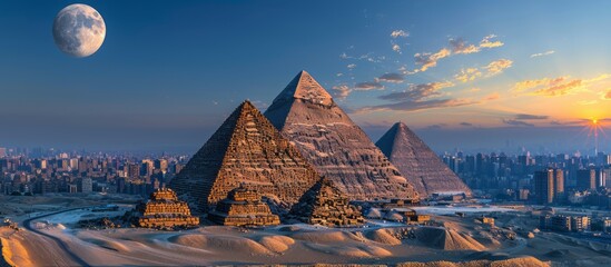 Pyramids and Cityscape of Cairo Egypt seen from Giza Plateau