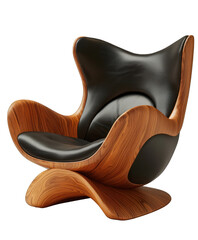 A modern, sculptural chair with an elegant design. The chair has a smooth, organic wood frame that mimics flowing forms, paired with a luxurious black leather seat that look - AI Generated Digital Art
