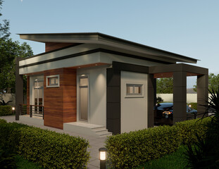 3D Rendering A small 1 storey house, nice to live, simple design, modern tropical house, beautiful with parking space and garden.