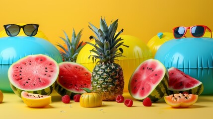 Summer fun captured with vibrant pineapples, watermelon slices, and colorful beach balls under a sunny yellow backdrop