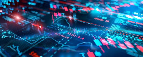 Dynamic digital display of stock market trends and derivatives trading with vivid colors and graphs