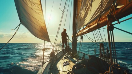 A sailor is navigating a sail boat in sea.
