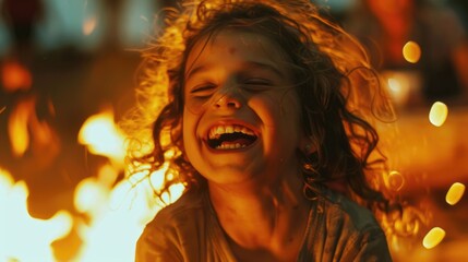 A little girl is happily laughing in front of a crackling fire at midnight, enjoying the warmth and the dancing flames in the darkness of night AIG50