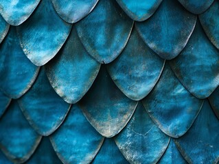 Close-up of overlapping blue fish scales with a metallic sheen. - obrazy, fototapety, plakaty