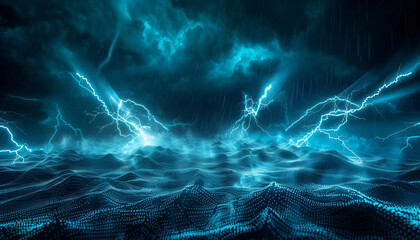 Panoramic view of an electronic storm, with lightning bolts of data striking a virtual ground, in 7:4 format.