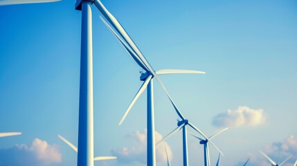 Vivid high-resolution close-up of renewable energy windmills, portrayed against a sky blue background, suitable for clean energy promotions