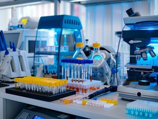 Studio shot of advanced genetic engineering equipment and samples, focusing closely on the tools and techniques used in modern biotechnology