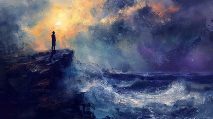 Man standing on a cliff overlooking a stormy sea