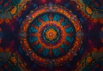 A symmetrical mandala pattern, with intricate designs in bold colors radiating outward, generative AI