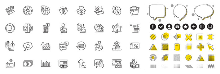 Set of Discount banner, Sale and Deflation line icons for web app. Design elements, Social media icons. Rent car, Currency exchange, Refund commission icons. Vector