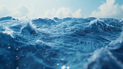 Vivid, cinematic close-up in high-resolution of water levels rising, emphasized by a deep blue oceanic setting, for climate advocacy