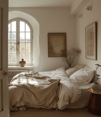 A bedroom with a large arched window