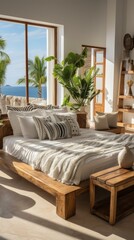 Modern coastal home bedroom with minimalist decor and stunning ocean views