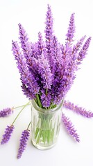 A beautiful bouquet of purple lavender flowers in a glass vase