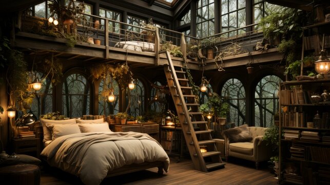 A cozy bedroom in a treehouse with a view of the forest