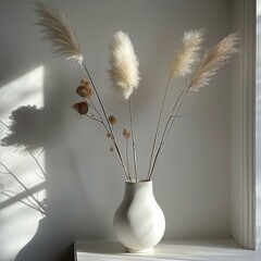 Dried ornamental grasses in a ceramic vase by the window