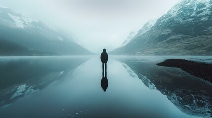 Man standing alone in a lake with mountains in the background - obrazy, fototapety, plakaty