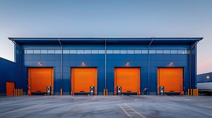 Fototapeta premium Business transport warehouse with a commercial delivery dock on an industrial site, including parking space for vehicles.