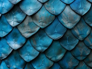 Naklejka premium Close-up of overlapping blue fish scales with a metallic sheen and intricate patterns.