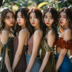 Obraz premium Five beautiful Asian women in a garden