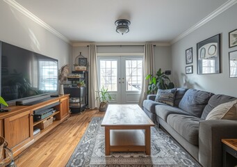 A living room with a TV, coffee table, sofa, rug, plants, and curtains
