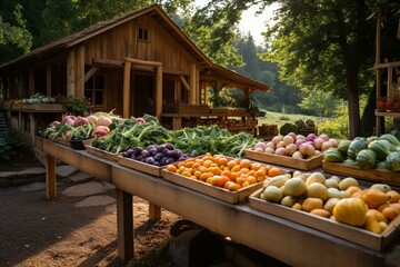 Fresh and organic vegetables and fruits on wooden table at local farmer's market