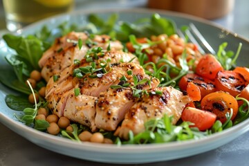 Grilled chicken breast with chickpeas and tomatoes - obrazy, fototapety, plakaty