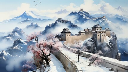 The Great Wall of China winding through snow-capped mountains